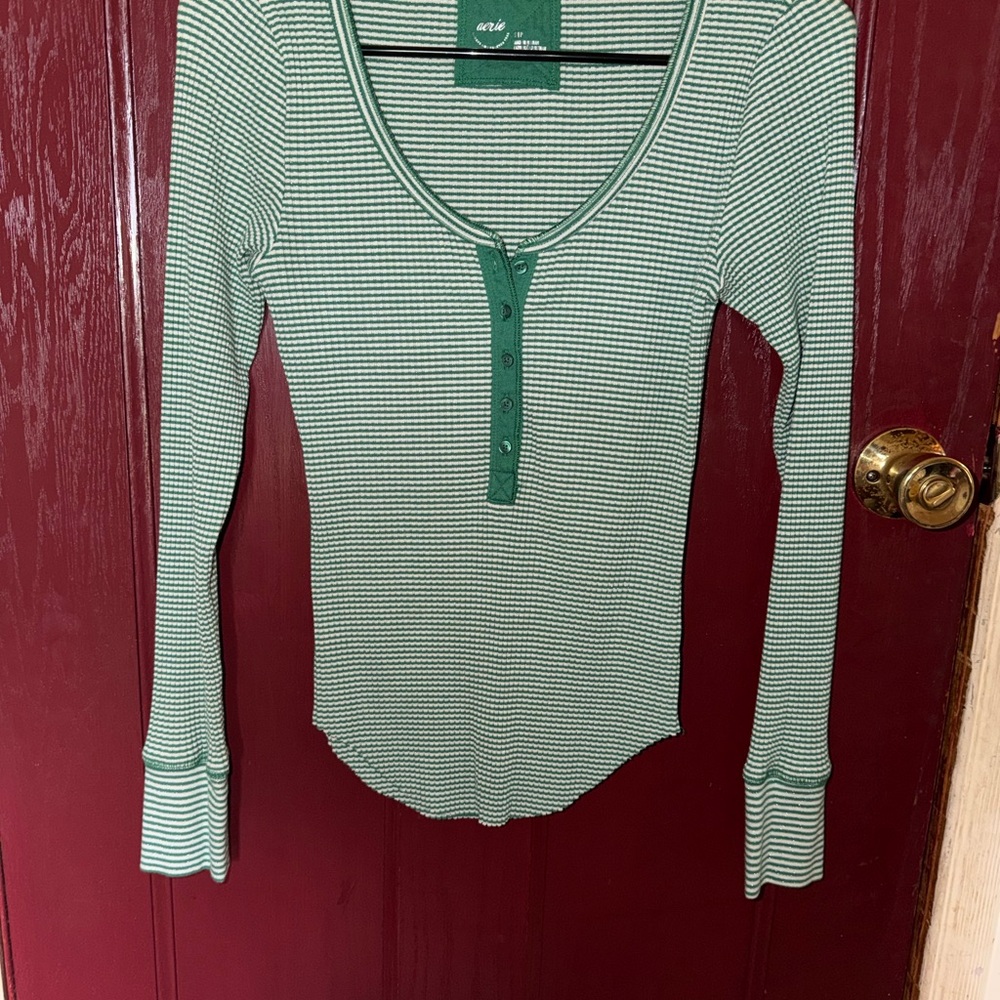 aerie Mint & White Striped Henley Long Sleeve Top